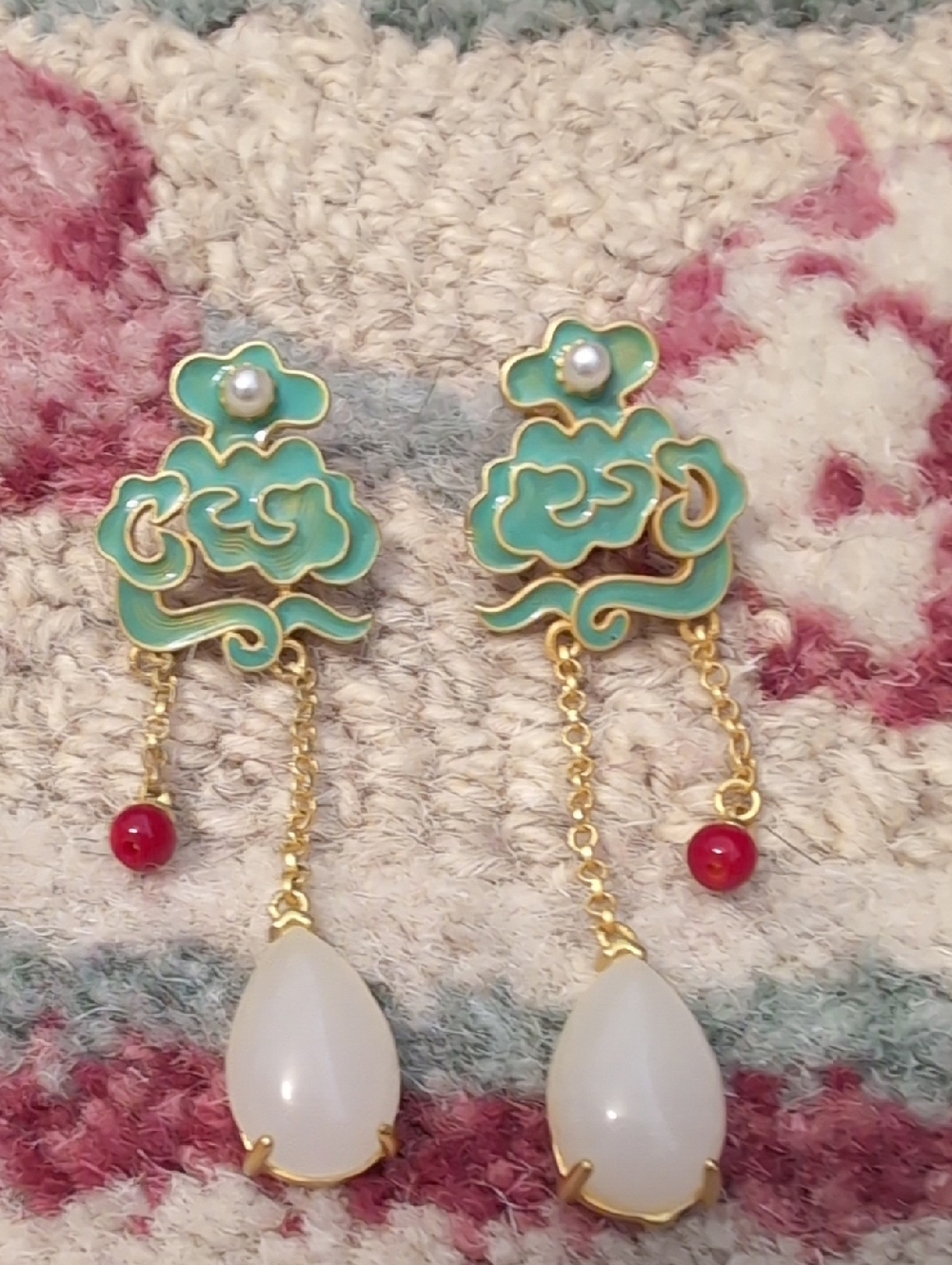 Chinese Green Enamel Floral Drop Earrings with White Teardrop Stones
